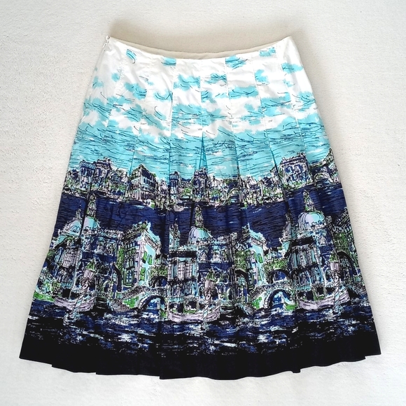 Talbots Women’s Blue White & Green Italian Seascape Motif Midi Pleated Skirt 4/P - Picture 12 of 13